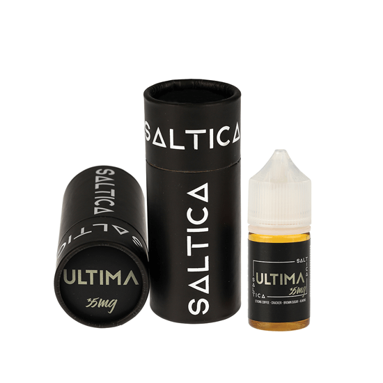 Saltica Ultima 35mg Salt Likit şişesi ve siyah ambalaj kutusu.