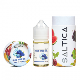 Saltica Blue Razz Ice Salt Likit 50 mg şişe ve kutu görseli.