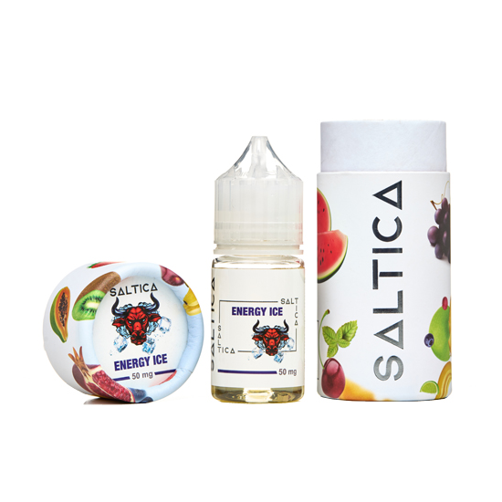 Saltica Energy Ice Salt Likit 50mg meyveli ambalajlı şişe ve kutu.