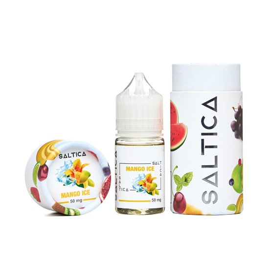 Saltica Mango Ice Salt Likit 50 mg şişe ve kutu seti.