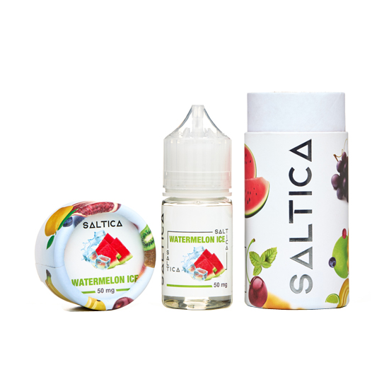 Saltica Watermelon Ice Salt Likit 50 mg şişe ve kutu seti.
