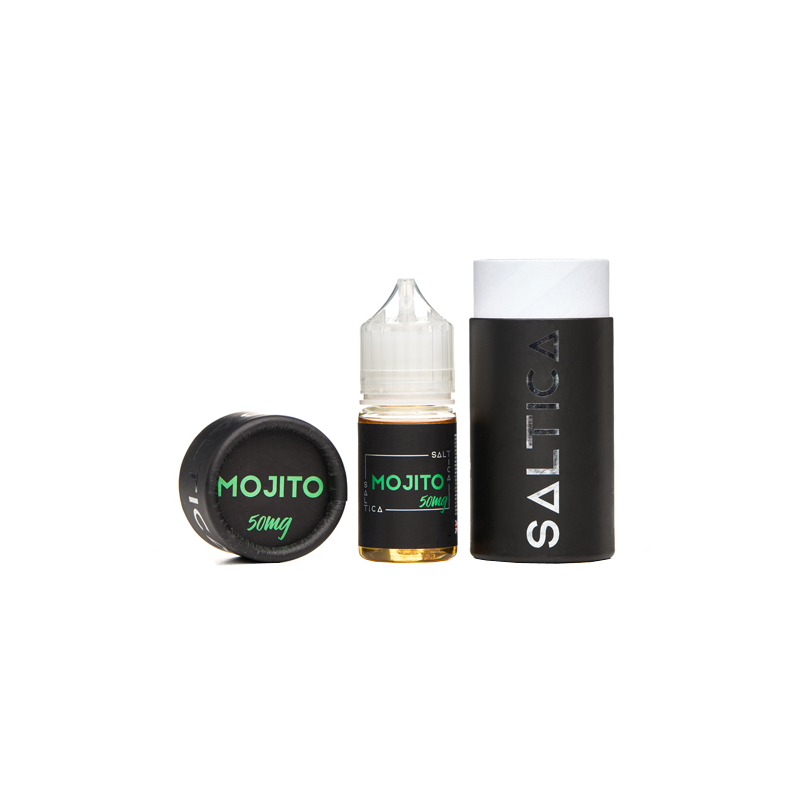 Saltica Mojito Salt Likit 50mg şişe ve ambalaj seti siyah yeşil.