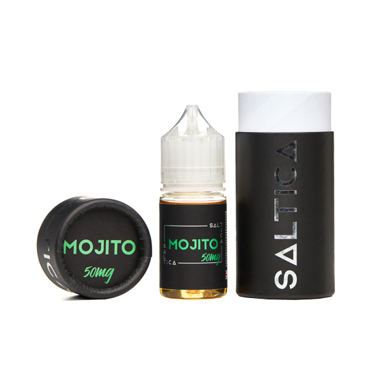 Saltica Mojito Salt Likit 50mg şişe ve ambalaj seti siyah yeşil.