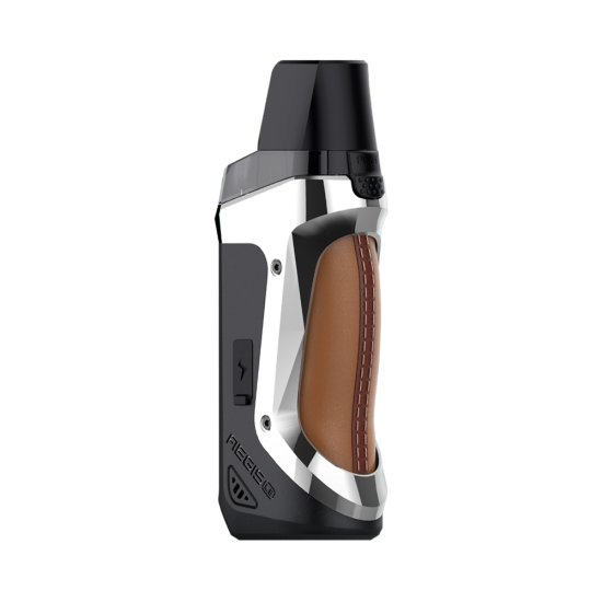Geekvape Aegis Boost LE Pod Mod gri, kahverengi deri detaylı, kompakt elektronik sigara.